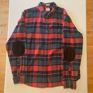 J Crew Preppy Plaid Flannel Shirt Elbow Patch Fall Shirt Red Green Men XL Slim